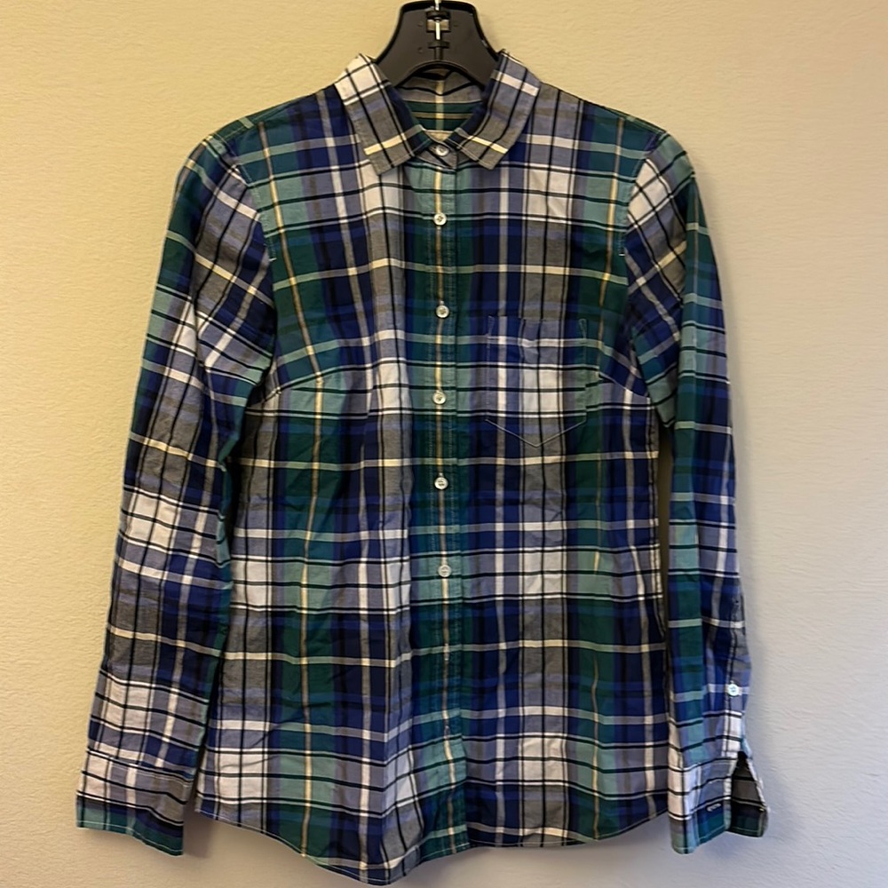 J. Crew Green and Blue Plaid Button Down Boy Shirt size 0